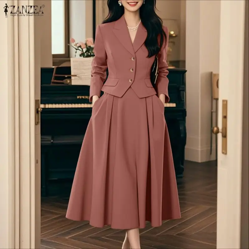 

ZANZEA Elegant Women 2 Piece Skirt Suits Peak Lapel Long Sleeve Short Blazer and A-Line Midi Skirt 2pcs Sets 2026 Spring Outfits