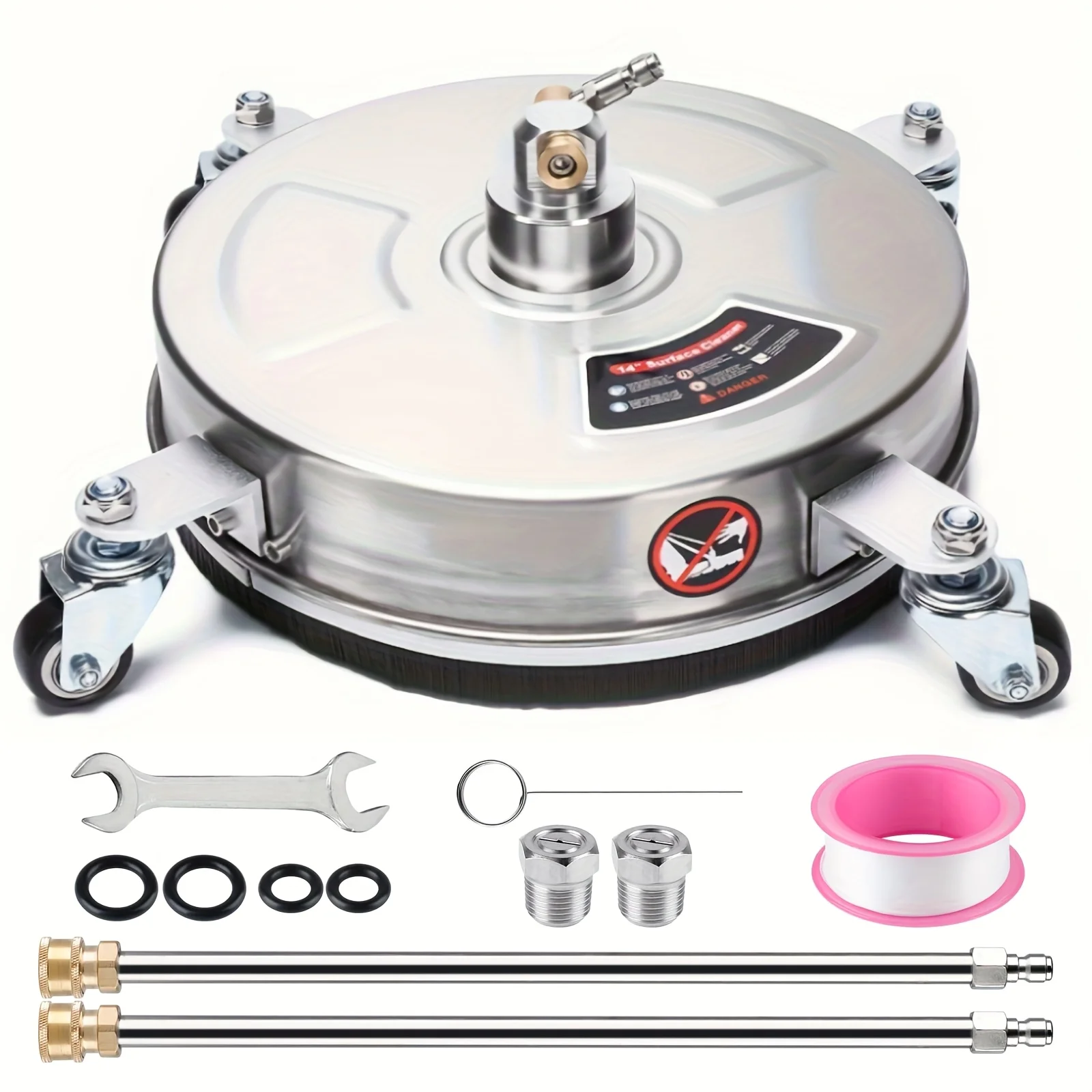 

14" Pressure Washer Surface Cleaner With 4 Wheels Extension Wands 4000psi Stainless Steel Power Washer Accessory for Driveway