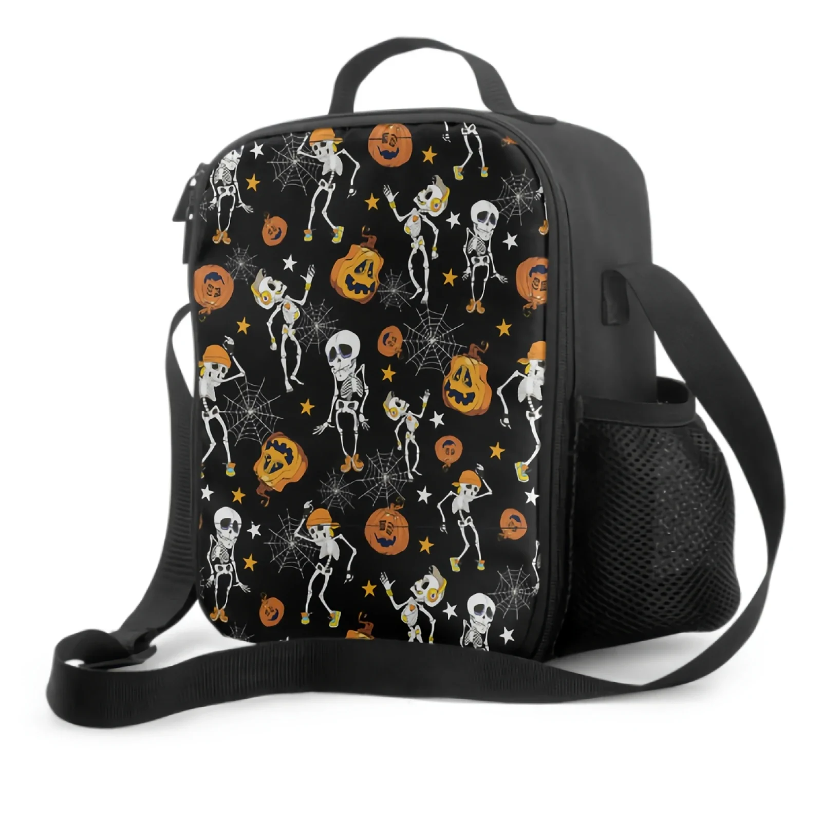 

Halloween Pumpkins Lunch Box Hippie Skeletons Lunch Bag with Water Bottle Holder Cooler Bag Insulated Tote Bag for Boys Girls