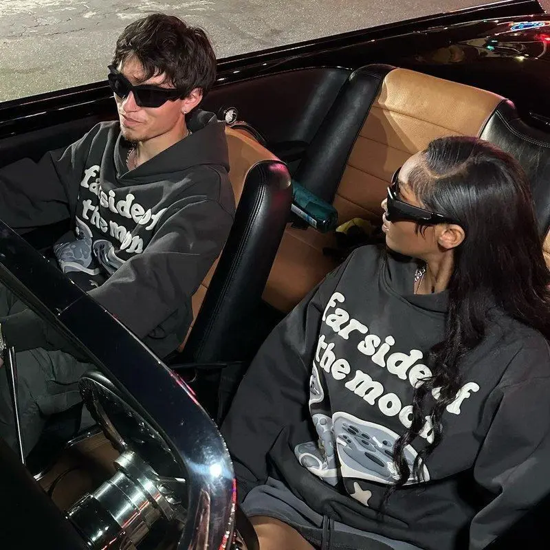 Couple's Y2K American Sle Faux Fur Hoodie Sweatirt Print High Street Casual 2023 Ro Sle A-Line Long Sve ort Dr