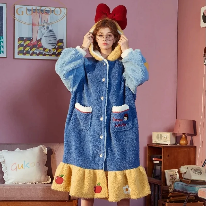 جديد ديزني سنو وايت منامة النساء الخريف الشتاء المرجان المخملية رداء سميكة لطيف الكرتون الدافئة ملابس المنزل ثوب النوم دعوى هدية