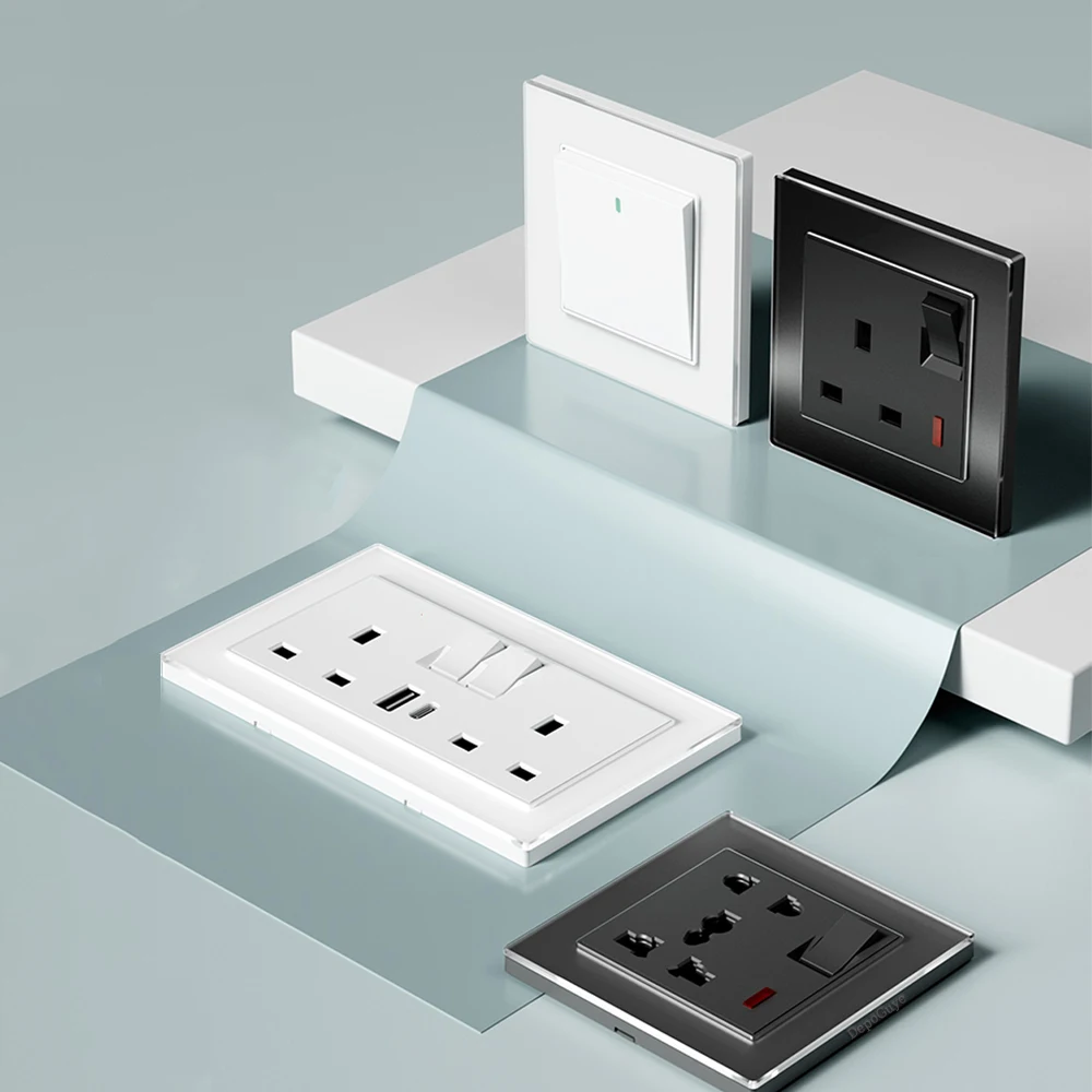 لوحة جدارية من الزجاج المقسى باللون الأسود منافذ ومفاتيح كهربائية في المملكة المتحدة مقبس منفذ شحن USB من النوع C 18 وات 1/2/3/4 عصابة 1/2 طريقة #6