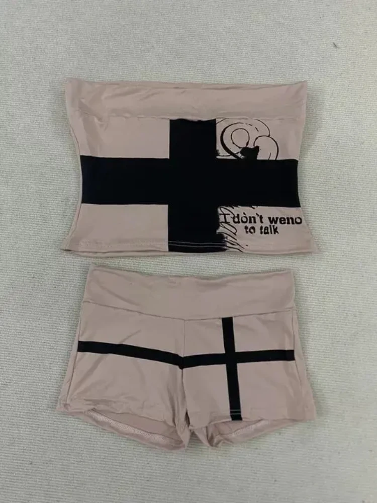 Harajuku Aesthetics Gothic Hot Girl Strapless Vest Women's Fashion Summer Crop Exposed Short Style Chest Wrapped Top Shorts Sets