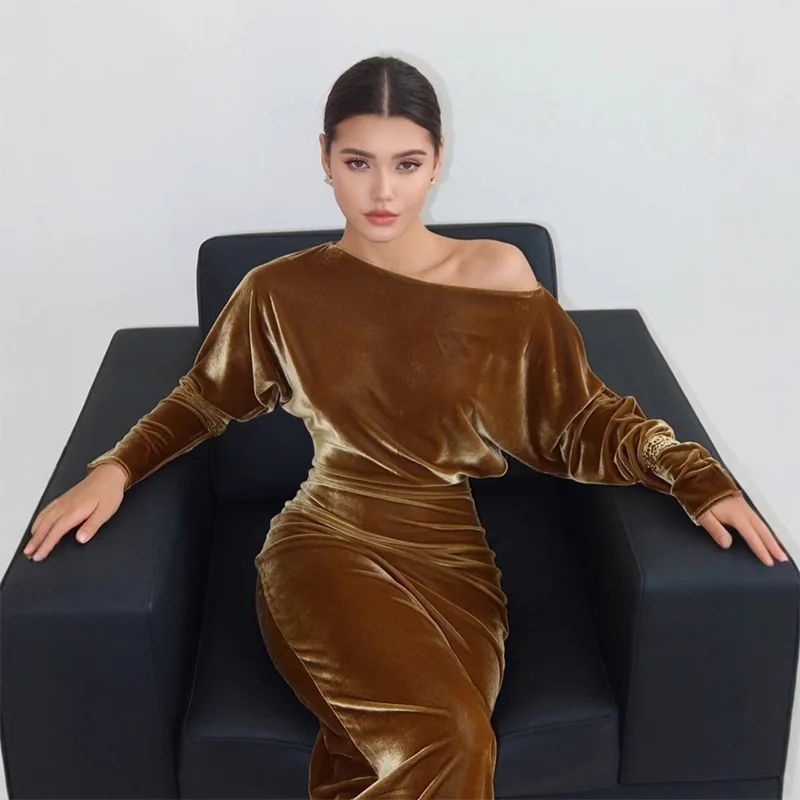 

Элегантное женское платье с асимметричным воротником, открытыми плечами, длинными рукавами и разрезом, весна 2026, новинка, сексуальное вечернее платье для вечеринок