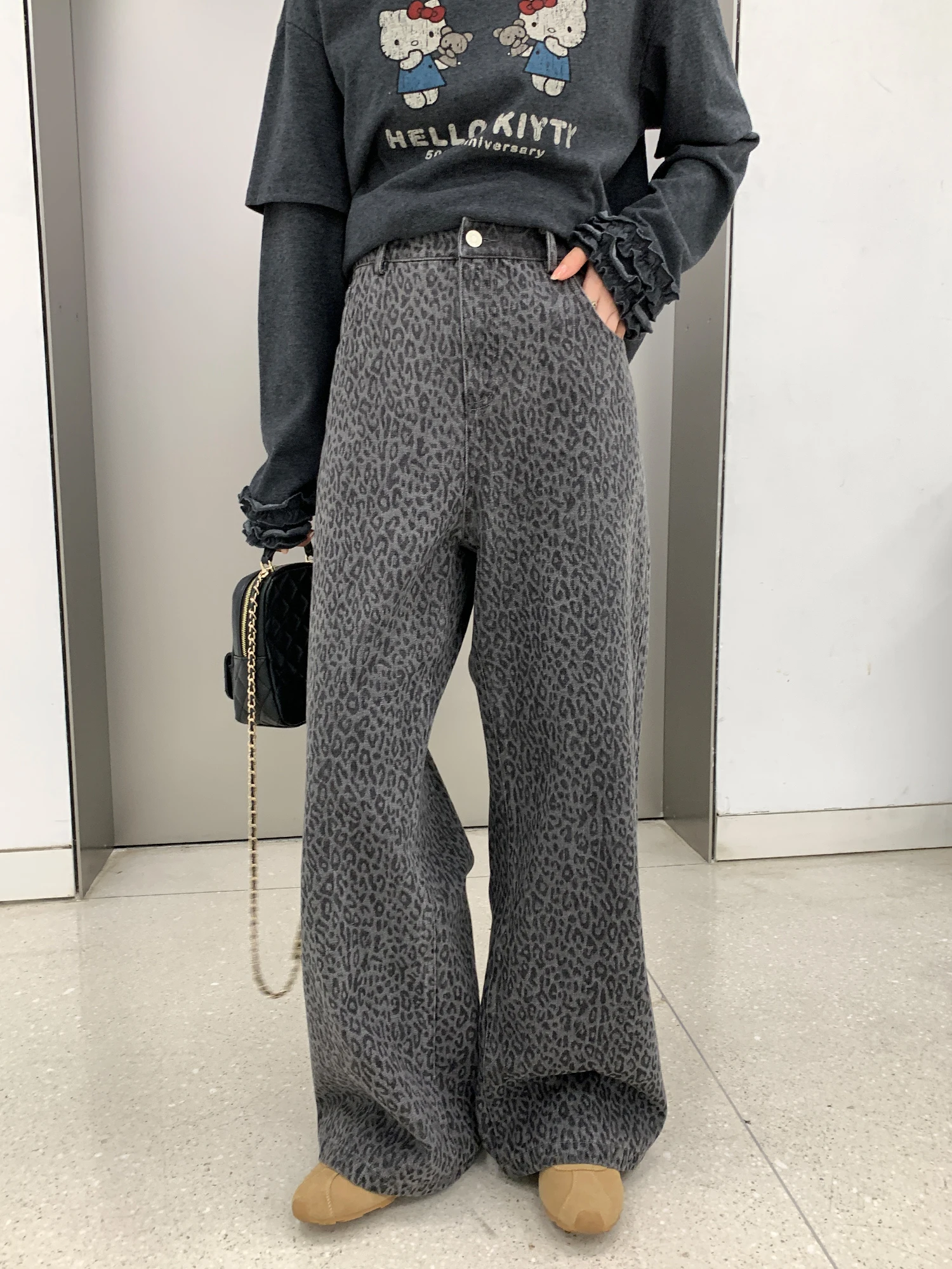 

Джинсы NAZ большого размера, повседневные, прямого кроя, с леопардовым принтом, из хлопковой ткани, с высокой талией, на молнии, осенние, женские, модные