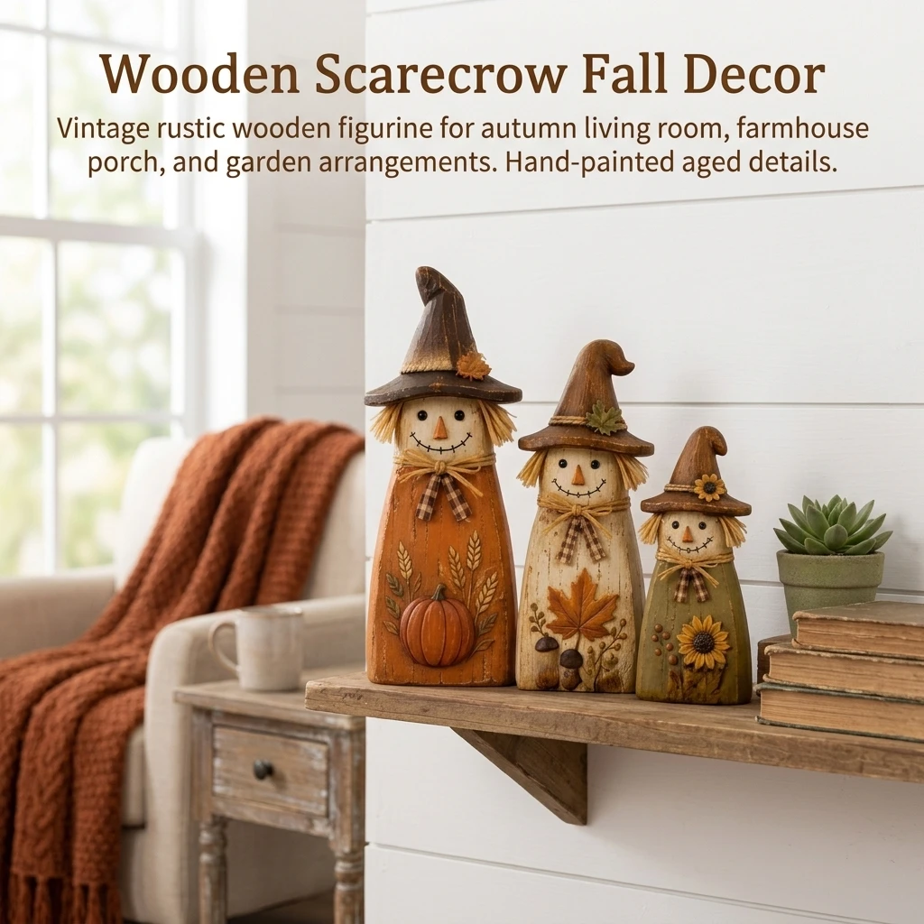 Scarecrow Ornament Decorative Figurine for Autumn Harvest Halloween Party Rustic Wood Farmhouse Home Entryway Tabletop Decor