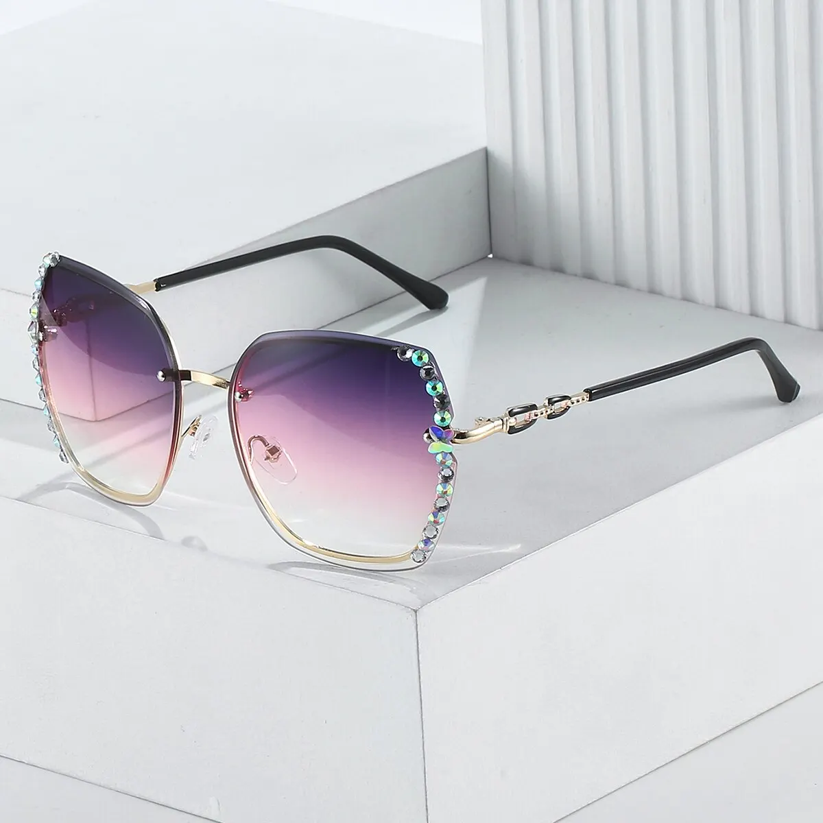 Gafas de Sol de moda sin montura de diamantes de imitación para mujer, gafas de sol con gradiente casual para verano, UV400