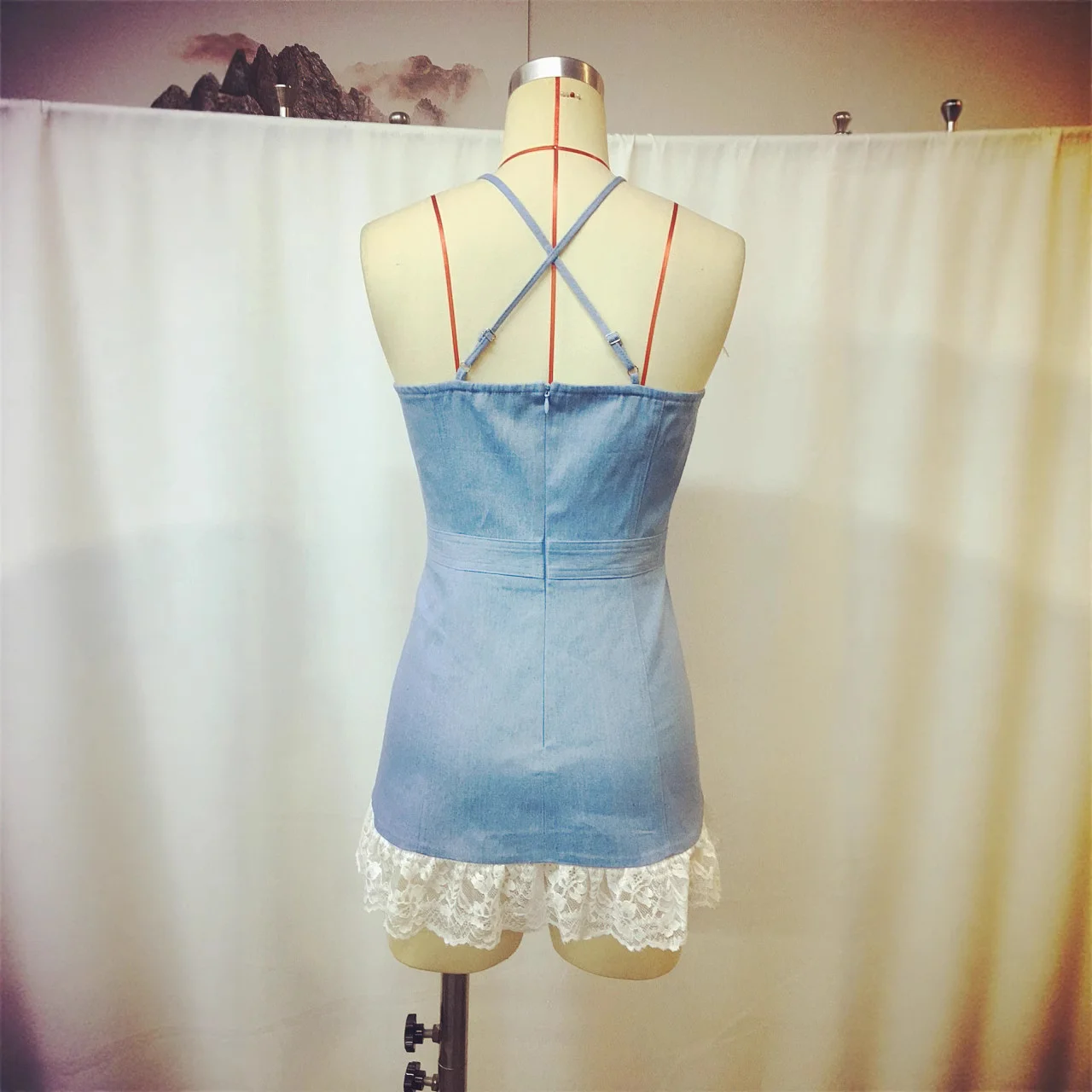 Sexy Lace Denim Sleeveless Suspender Patchwork Dress High Waist Mini Dress Lace-up Ruffled Denim Elegant A-Line Party Dresses - Image 3
