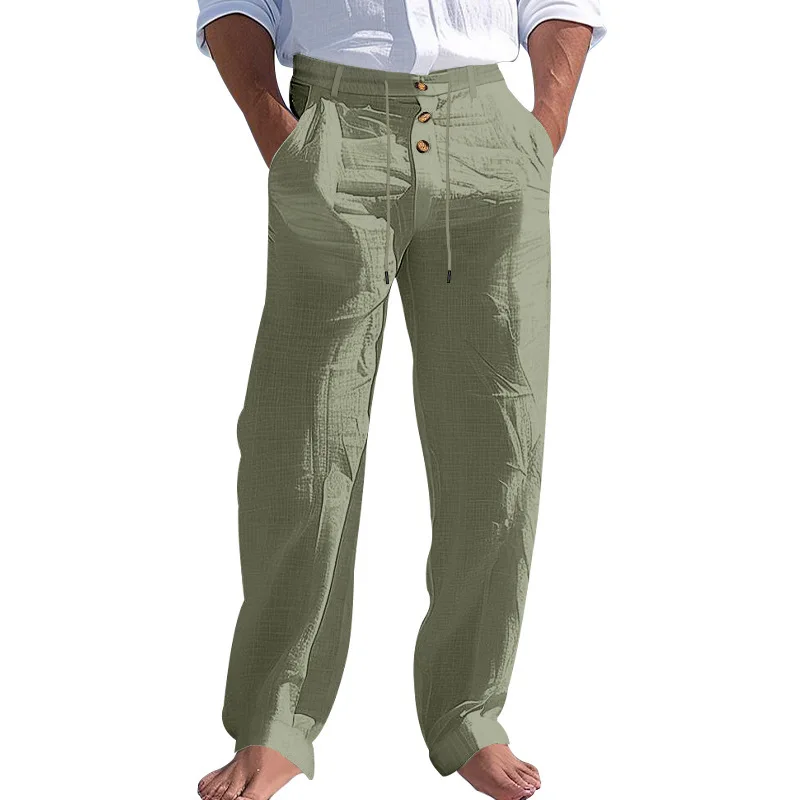 

American Casual Men's Cotton Linen Buttoned Decorative Drawstring Summer Beach Pants Straight Solid Color Breathable Trousers