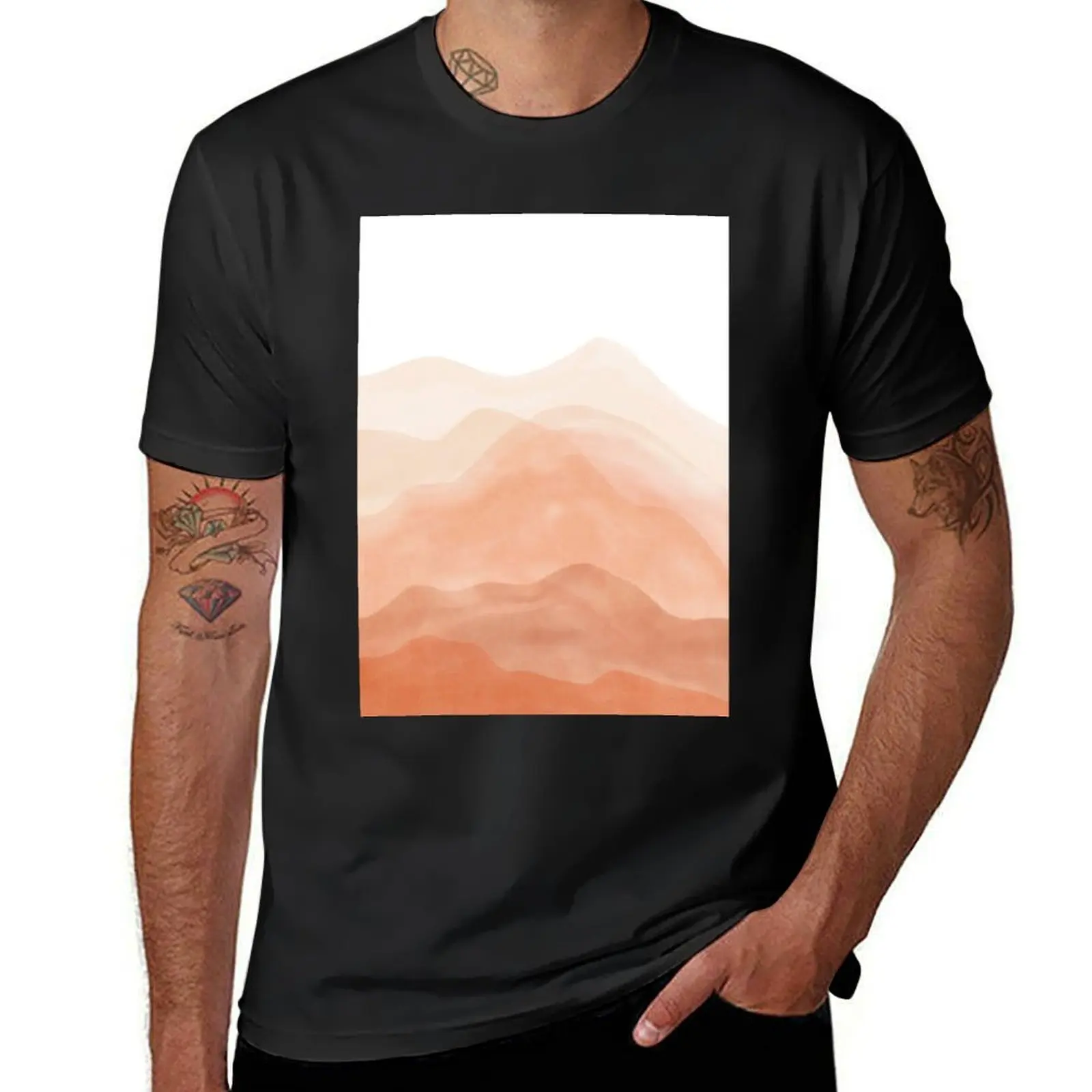 

Warm watercolor mountain landscape T-Shirt plain blacks men workout shirt