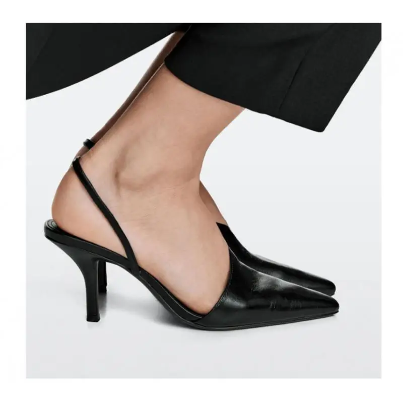 

Withered Minimalist Leather Black Mules Shoes With Leather Toe Cap Pointed Sandals Summer Back Empty Buckle Strap Sandlas Shoes