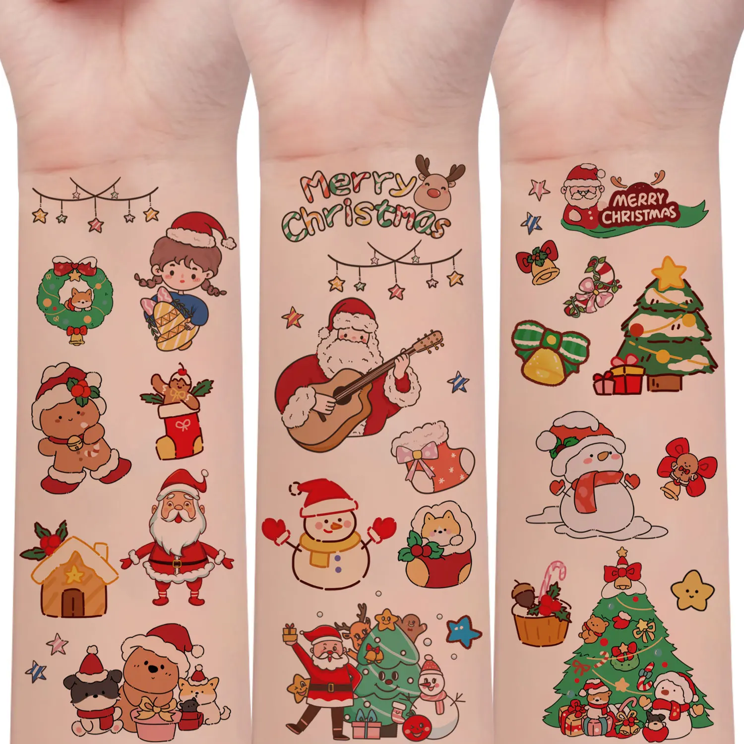 10 Sheets of 140 Cartoon Christmas Element Pattern Temporary Tattoo Stickers, Cute Cartoon Style Santa Claus, Snowman, Christmas Tree, Elk Pattern, Christmas Decoration Stickers, Waterproof and Sustainable for 2-5 Days, Suitable as a Christmas Gift