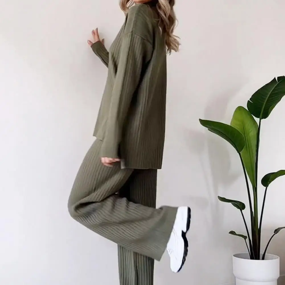 Sets Women Outfits Elegant Turtleneck Long-sleeved Sweater Trouser Suit Solid Color Comfortable Wide Leg Home Conjuntos De Mujer