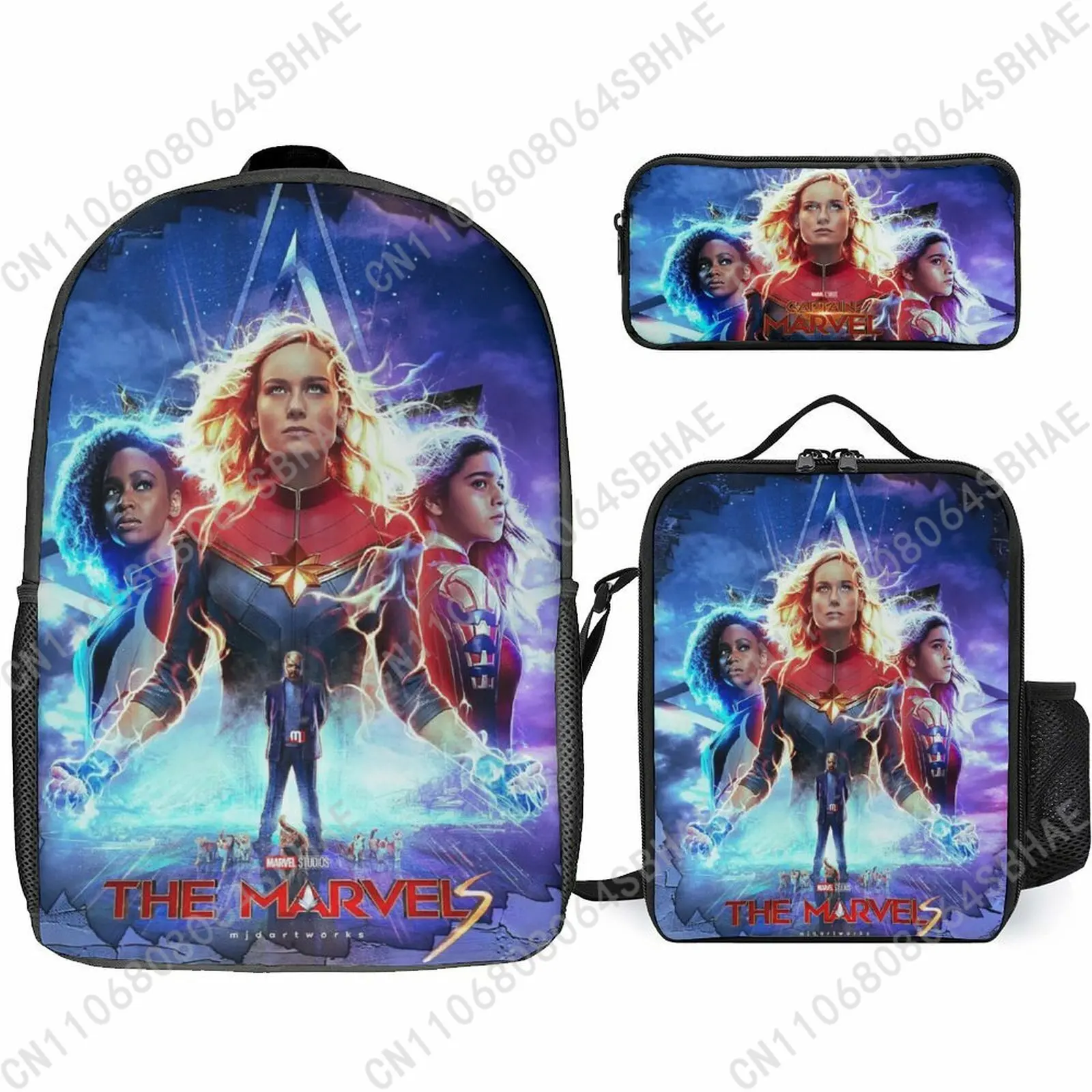 

Marvel Captain Marvel School Backpack For Teen Middle High School Students 3Pcs Bookbag Lunch Tote Bag Pencil Pouch Cosplay