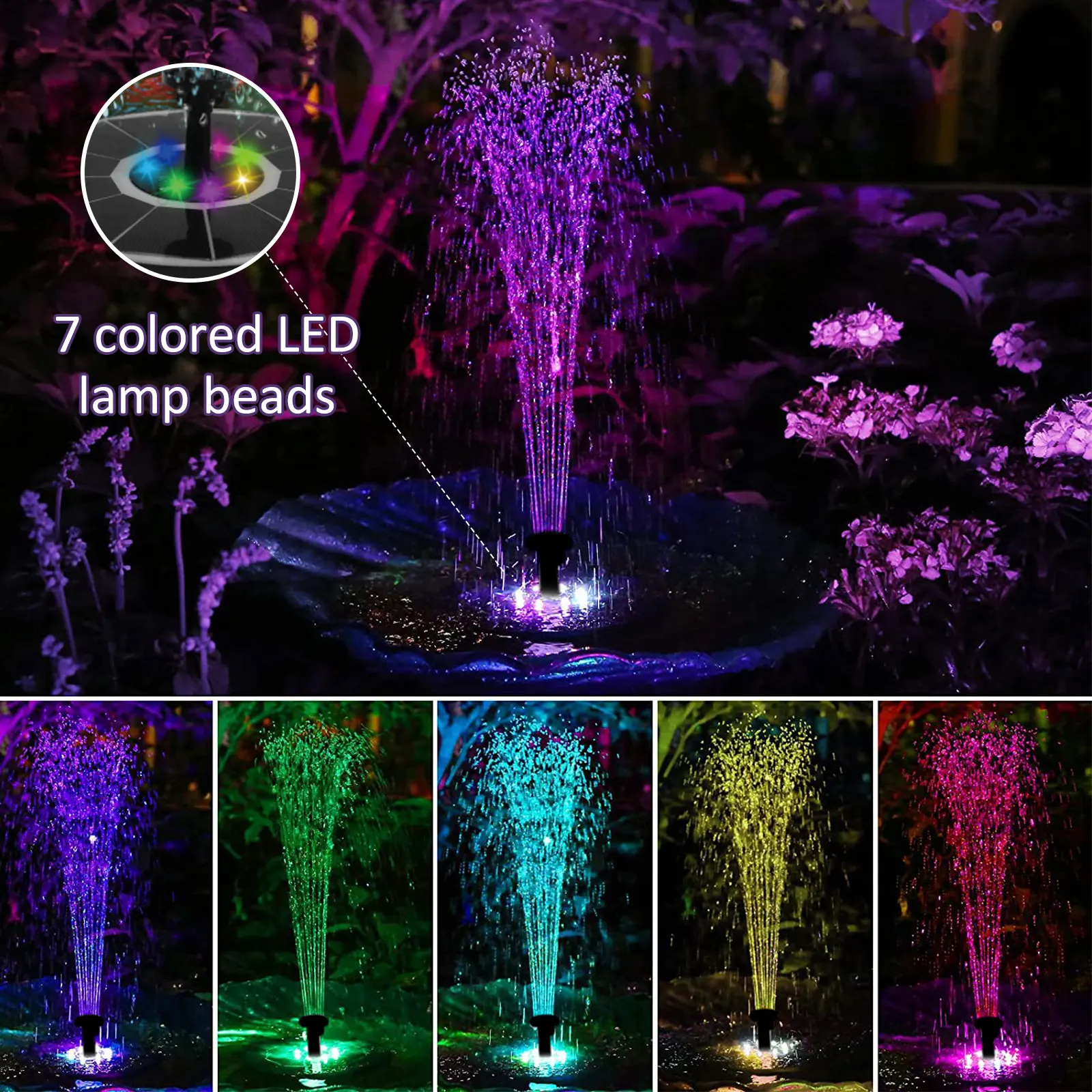 Solar Fountain 3.5W Solar Bird Bath Fountains Pump with 7 LED Colorful Lights 1800mAh Rechargeable Solar Water Fountain