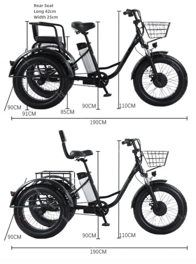 20 Inch Fat Electric Tricycle 3-Wheeled Adult with Passenger Seat 48V 500W Front Hub Motor Removable Lithium Battery