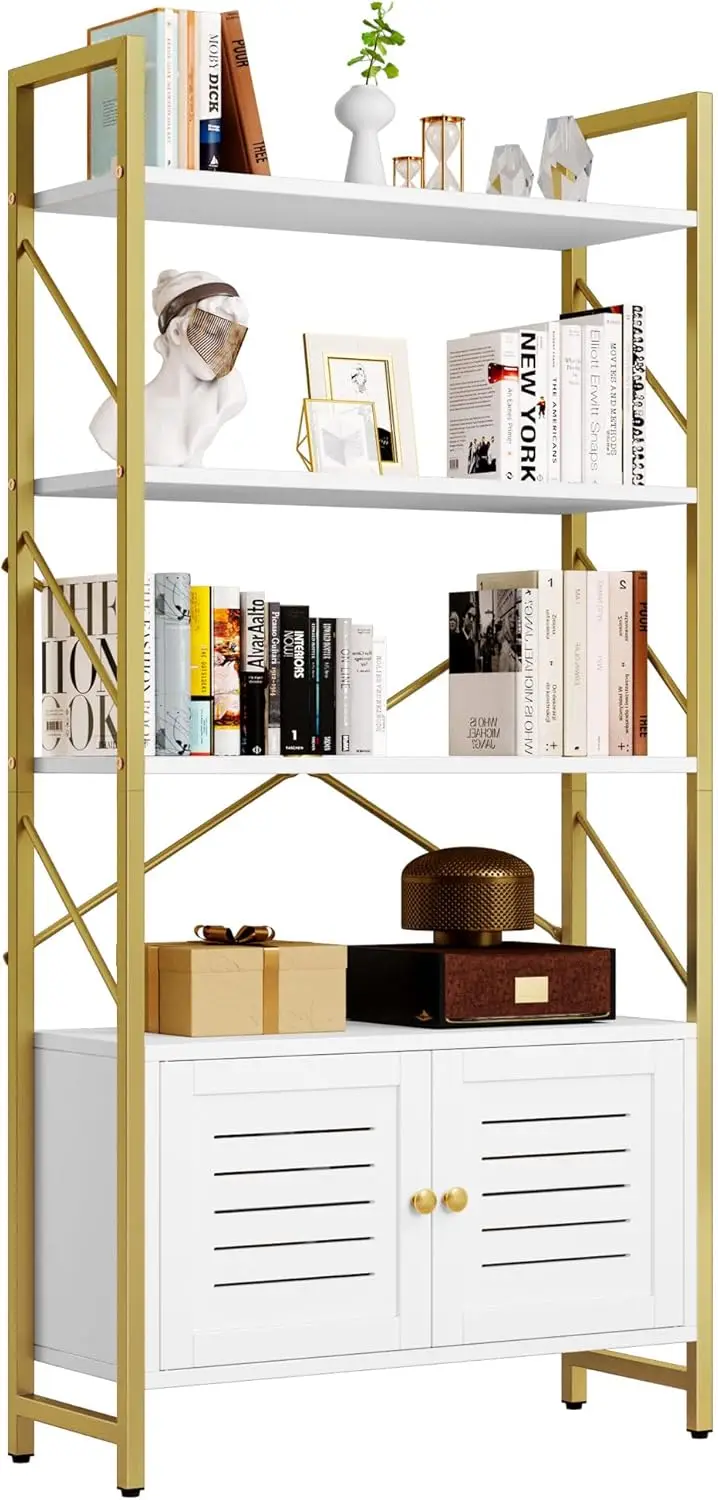 Bookshelf and Bookcase with Storage Cabinet, Standing 5 Tiers Book Shelves Display Rack with Doors for Bedroom Living Room