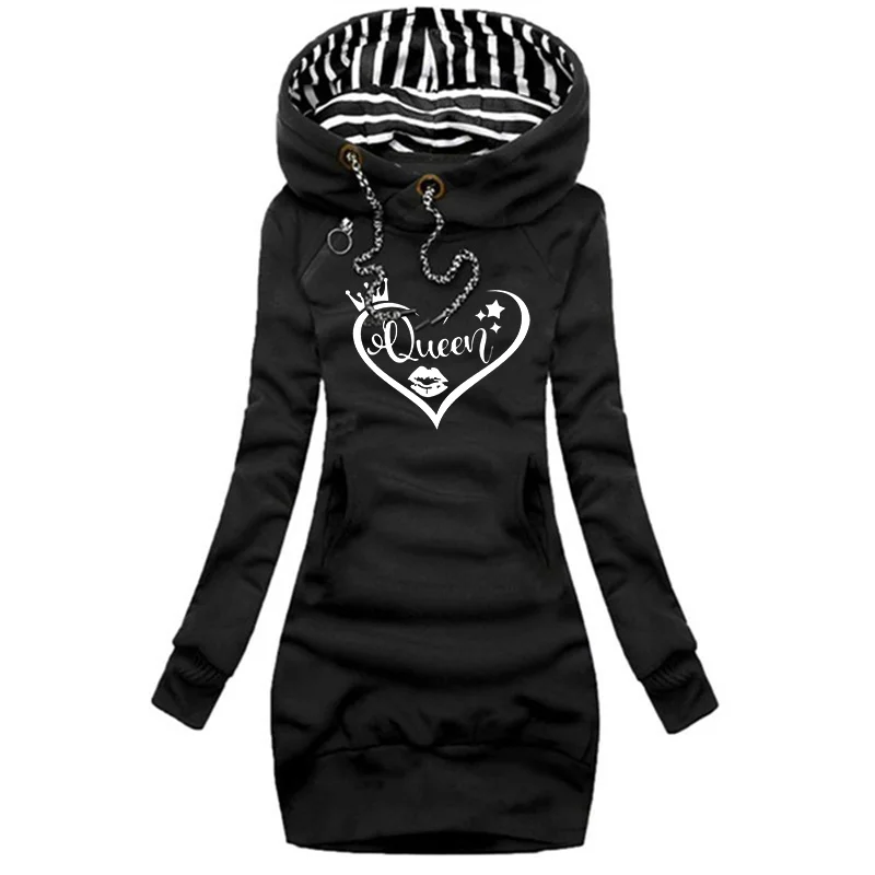 Women\'s Fashion Queen Printed Sweater Dresses Fall and Winter Long Sleeve Hoodie Dress Solid Color Slim Pullover Sweater Dresses