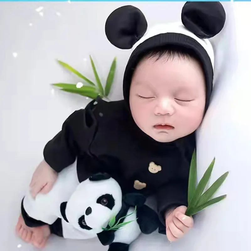 Sunshine Pasgeboren Fotografie Props Babykleding Panda Thema Breien Jumpsuits En Pop Hoed Pakken Schattige Dieren Foto Kleding