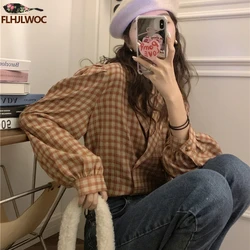 Cute Retro Vintage Double Button Cotton Tops Women New FLHJLWOC Design Chic Korea Japan Girls Long Sleeve Plaid Shirts