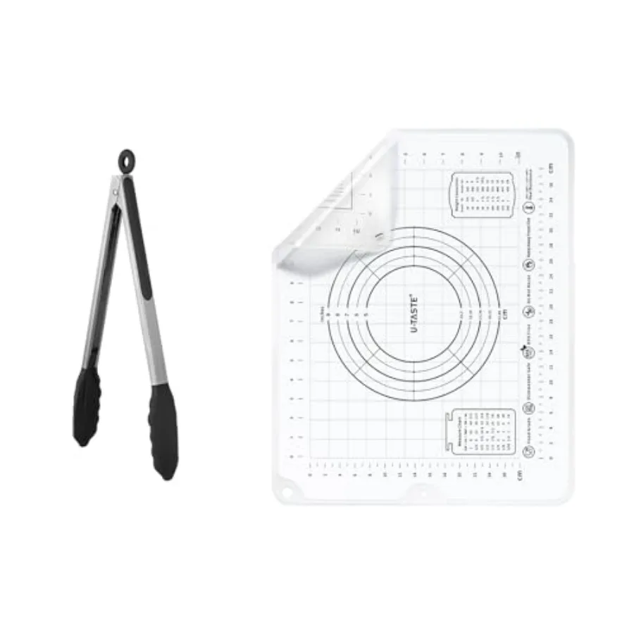 

600 ℉ Жаростойкие пищевые антипригарные твердые щипцы для приготовления пищи (12 дюймов, черные), и большой силиконовый коврик для кондитерских изделий 20 x 16 дюймов, пищевой N