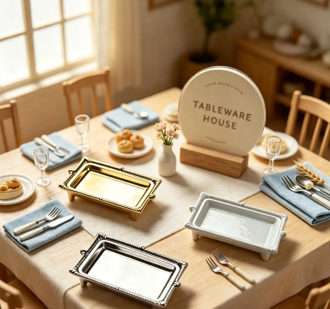 1:12 Dollhouse Alloy Square Raised Tray BJD OB11 Mini Metal Footed Plate Dish Miniature Tableware Micro Scene Decor Diorama