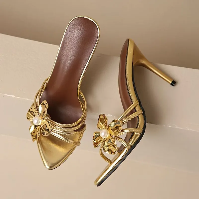 

Temperament Pointed One-word Slippers Women Wear Fish Mouth Stiletto golden flower High Heels Sandals