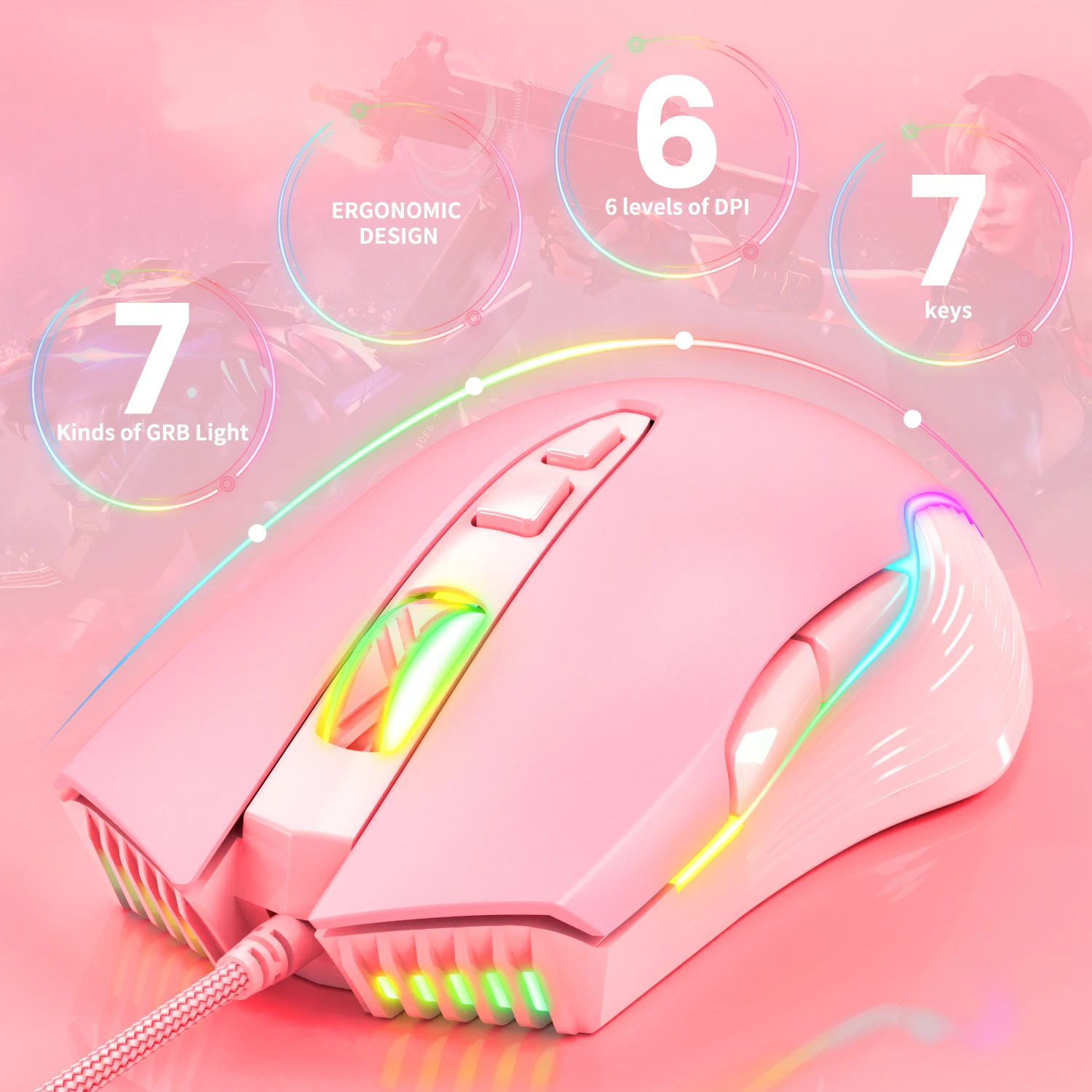 Проводная игровая мышь ONIKUMA CW905, 7 программируемых кнопок, 6 уровней регулировки DPI, 7 RGB режимов освещения, эргономичная мышь для ПК