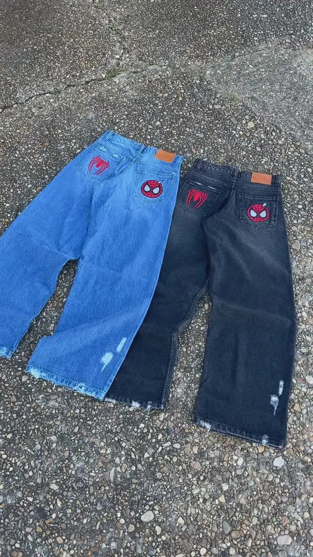 American Spider Jeans Y2K ropa para hombre mujer Harajuku Hip Hop dibujos animados Retro azul pantalones vaqueros holgados pantalones de pierna ancha de cintura baja