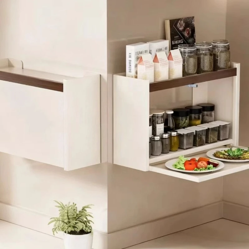 Wall Mount Pull Down Kitchen Shelf, Multi-Layer Prep Table, Closed Dust-Proof Storage Cabinet, Space-Saving Hanging Organizer