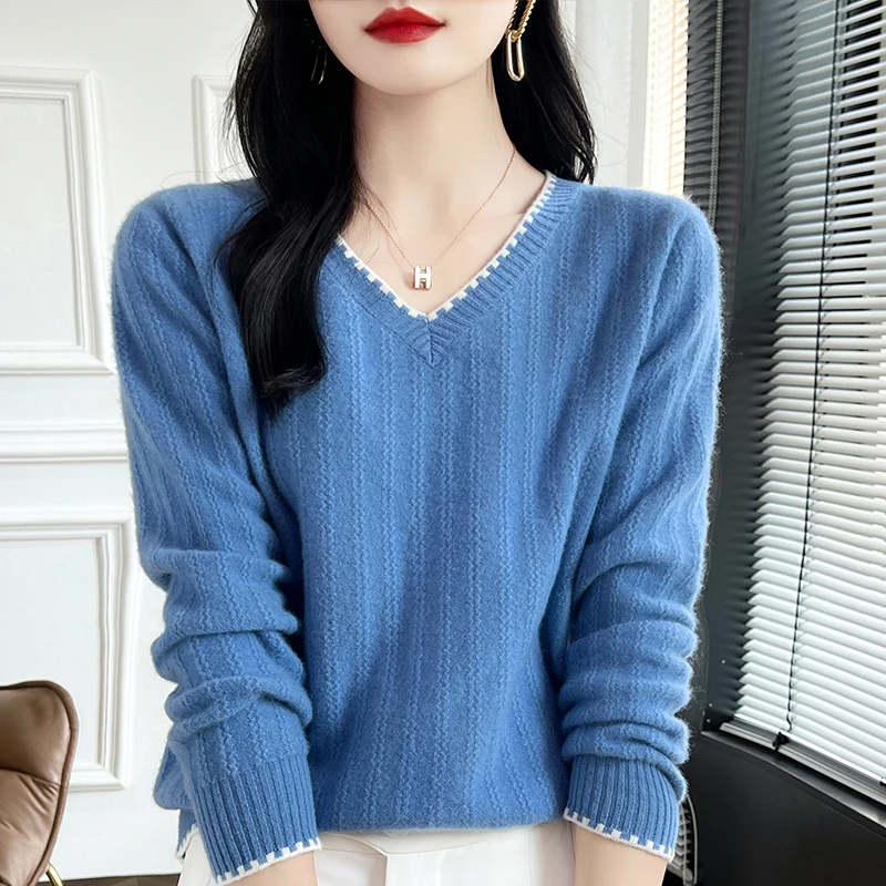 Lace edge 100% Merino wool pullover Fall/winter new cashmere sweater Women's V-neck pullover warm bottom knit shirt top