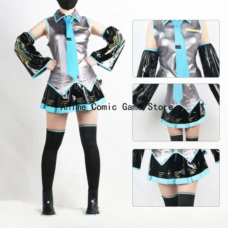 Anime Miku Cosplay Costume para Mulheres, Peruca, Sapatos, Headwear, Conjunto completo, Miku, Vestido de Couro Patente, Halloween, Carnaval, Roupa de Festa, XXXL