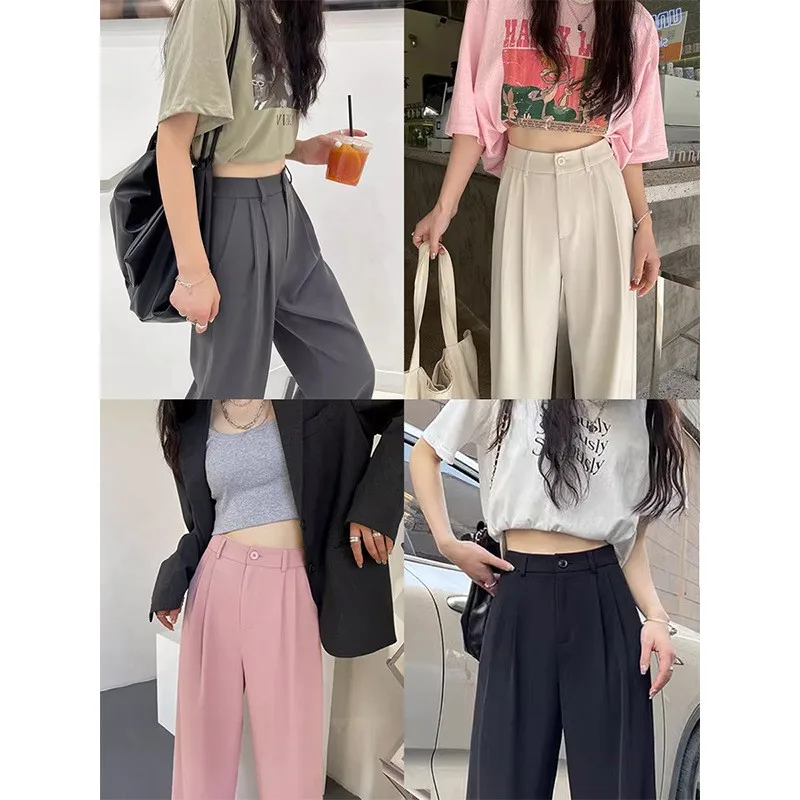 

ay Suit Pants Women's High Waist Double Pleat Draped Slimming Floor-Length Casual Straight Leg Wide Leg Pants