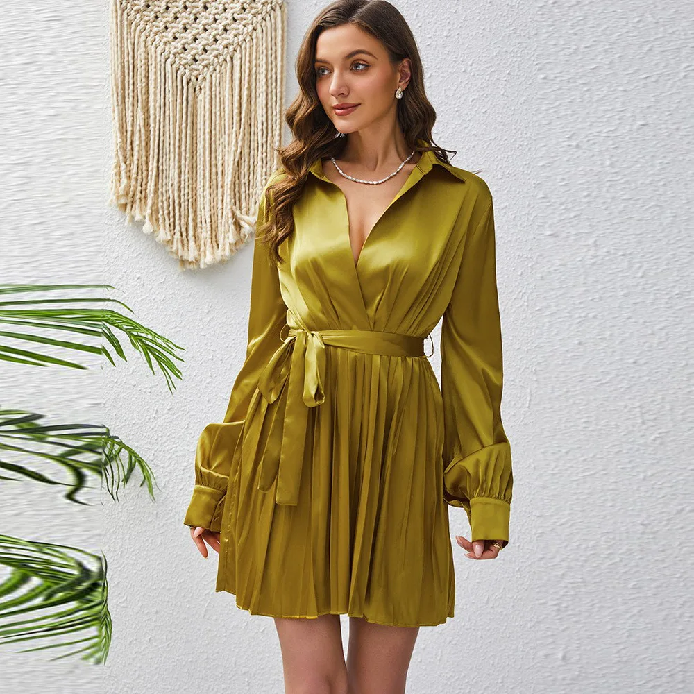 

2025 Autumn New Long-sleeved Polo Collar High Waist Tie Fashion Casual Pleated Women's Dress Female Women Clothing