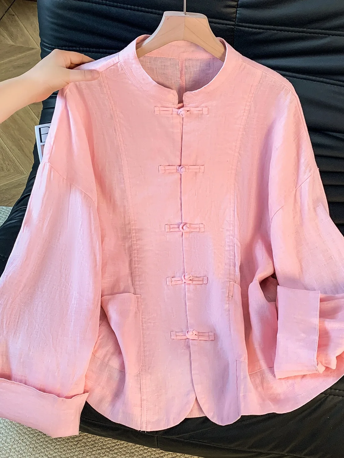 

Женский льняной топ в стиле ретро в китайском стиле с воротником-стойкой и пуговицами, розовый цвет, осенний сезон Faion