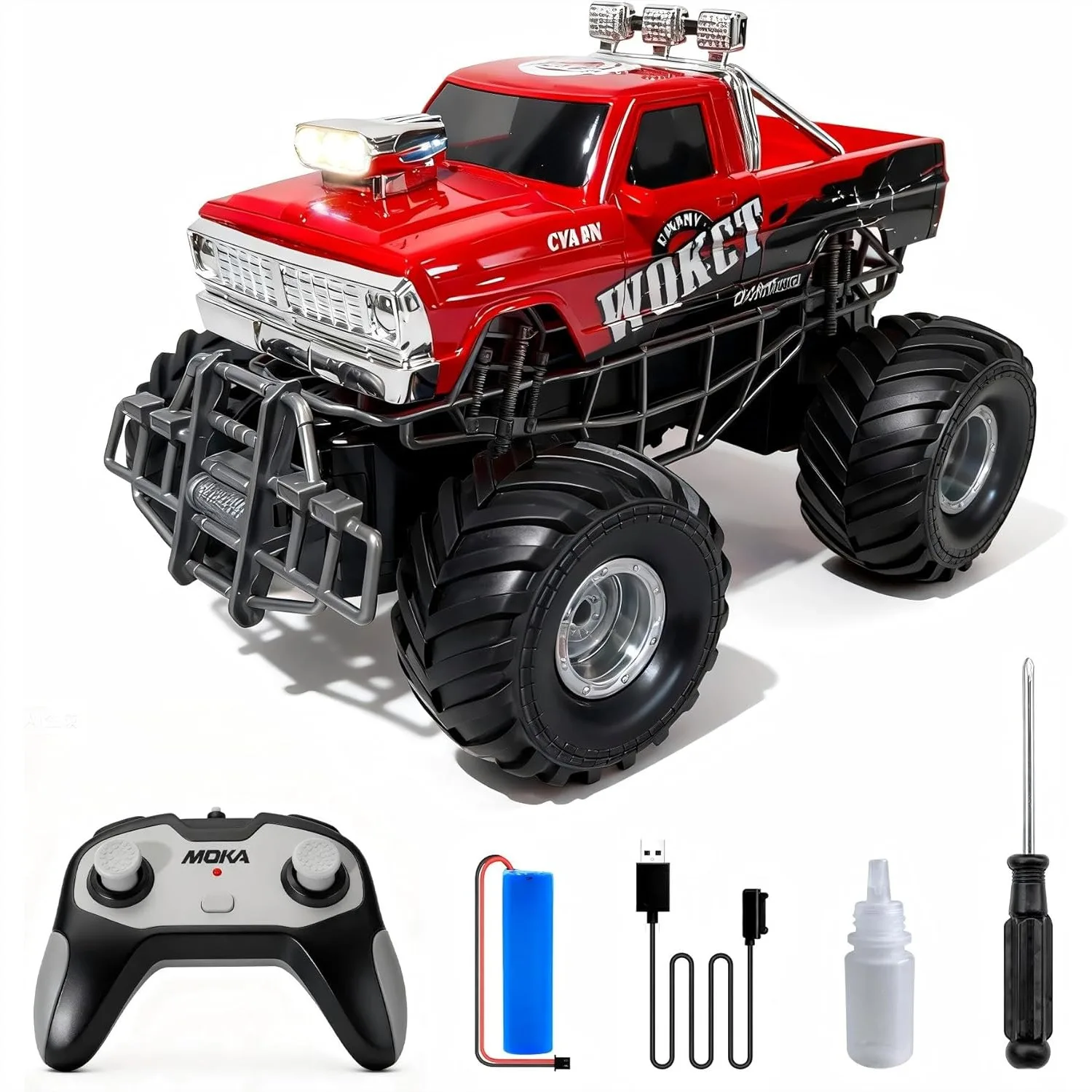 

Highspeed Entry Level Red RC Monster Truck With Light Spray 2.4GHz Upright 360 Rotate 4WD Monster Trucks RC Cars 20+ KM/H 70min Runtime Childrens Day Birthday Toddler Toy 8-12