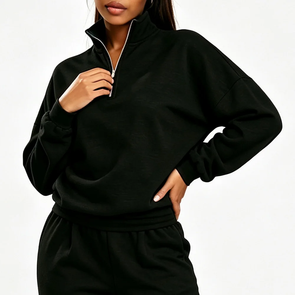 American-style trendy loose long-sleeve pullover with a stand collar for women, featuring a fold-over collar design and a front center zipper closure, suitable for everyday casual wear and social gatherings.