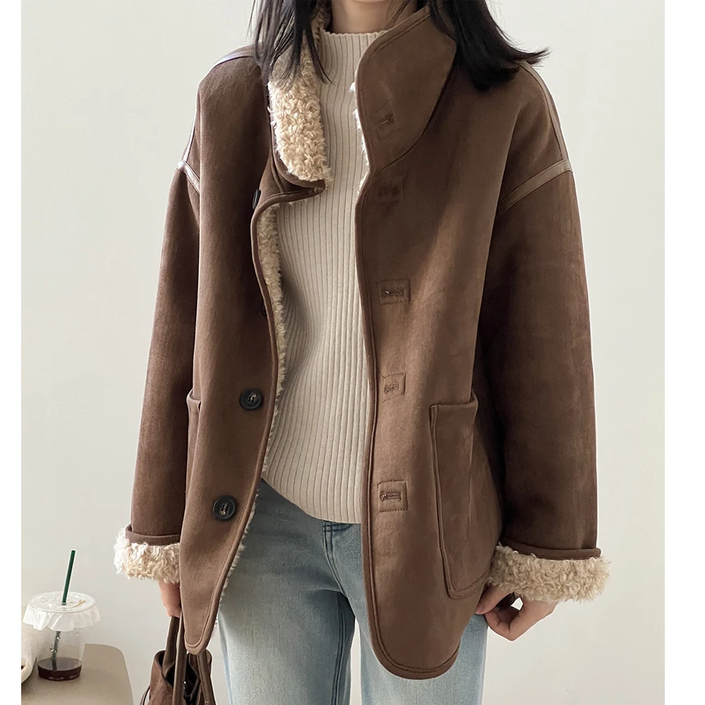 Women Winter Suede Jacket Coat Warm Furry Two Way Wear Coats Turn Down Collar Long Sleeve Tops Women Parka Femme Coat