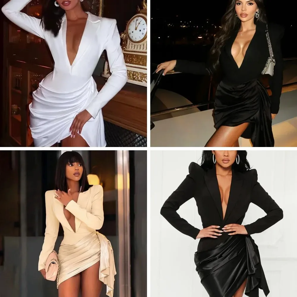 

Sexy Deep V-Neck Waist Cincher Mini Dress with Padded Shoulders, Pleated Sleeves for Women