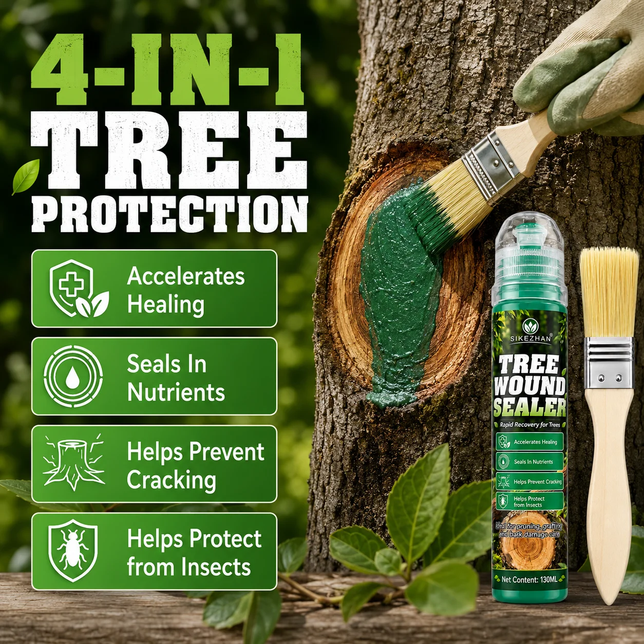 Tree Wound Repair Sealer 130ml with Applicator Brush, Protective Pruning Paste for Cut Branches, Grafting and Bark Cracks