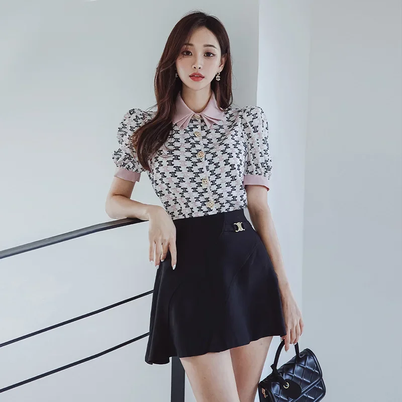 High Quality Short Skirt Korean Style OL Lady Polo Neck Bubble Sleeve Print Top High Waist  A- Line Short Skirt Set セットアップ レディース