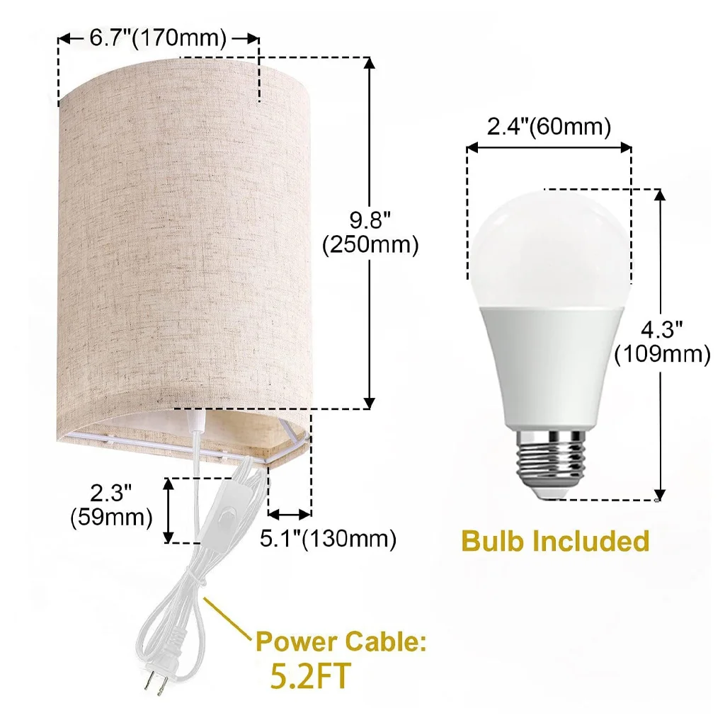 Plug in Wall Sconce E27 Base on Off Switch 3 Color Temperatures 900 Lumens Bedroom Living Room Hallway Office Fabric Linen Shade