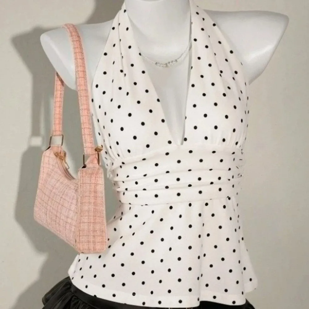 Waist-cinching Sleeveless Women Crop Top Pleated Y2k Lace-up Dots Camisole Deep V Neck Beach Wear Halter Ruffle Vest Lady