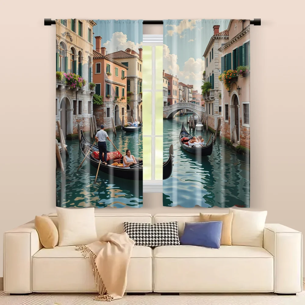 2 pcs, filtering curtains (excluding rods, non-movable, without batteries) Venice Landscape for use in bedrooms and living rooms