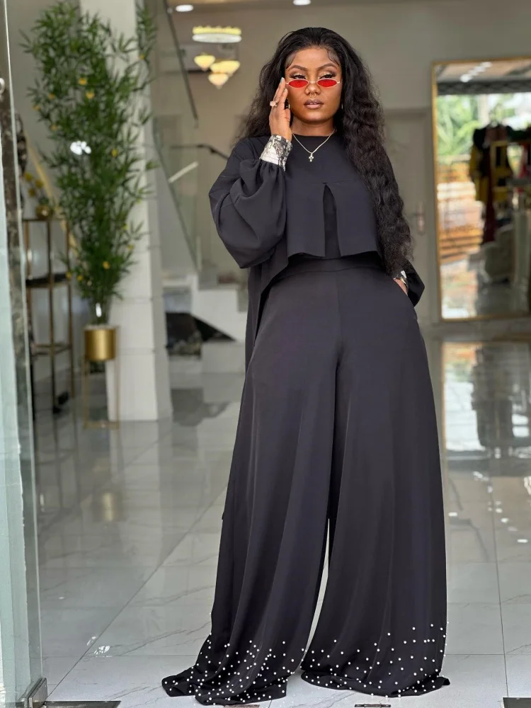Wmstar Two Piece Sets Women Wholesale Round Neck Irregular Lantern Sleeved Top with Beaded Wide Leg Pants Sets  Dropshopping