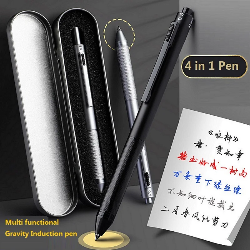 New 4 In 1 Multifunctional Stationery Gravity Sensing Pen Metal Multicolor Gel Pens Caneta 0.7mm/0.5mm Offfice School Writing