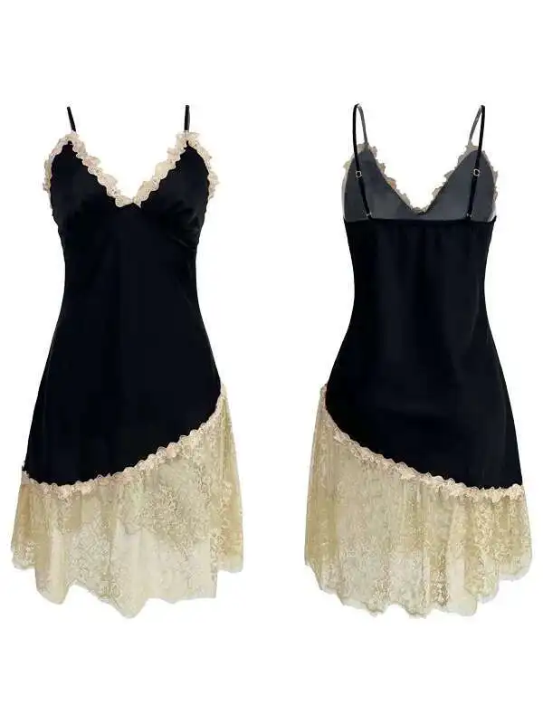 Sexy Women's Water-soluble Floral Seductive Women's Satin Suspender Dress Lace Patchwork Clothing French Style Summer New 4723