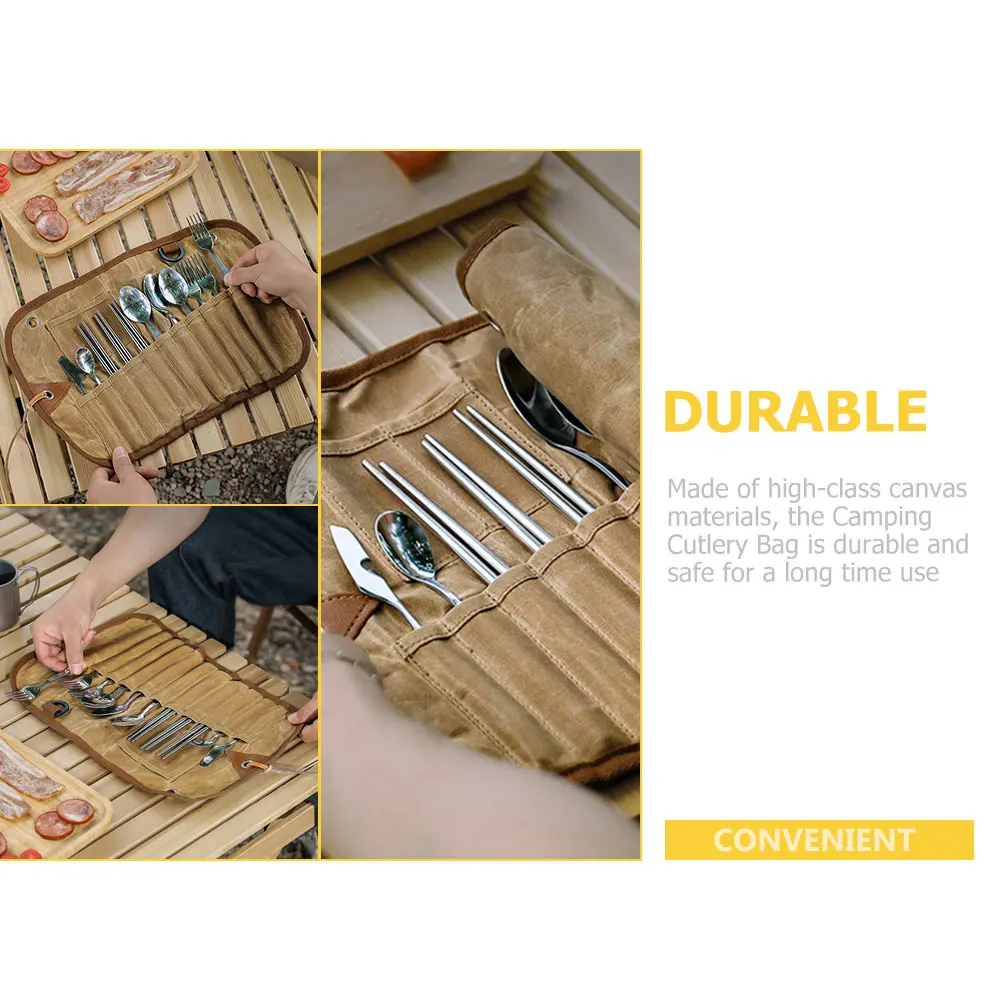 

Cutlery Storage Bag Portable Tableware Organizer Camping Picnic Canvas Outdoor Travel Foldable Utensils Pouch High Class