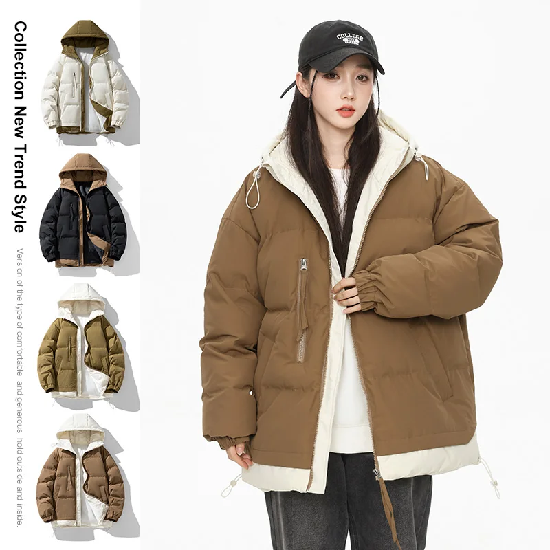 

Мужская зимняя утепленная хлопковая куртка с капюшоном, имитация двухслойности, теплая, для пар, модная, повседневная, с длинными рукавами, на молнии, полиэстер