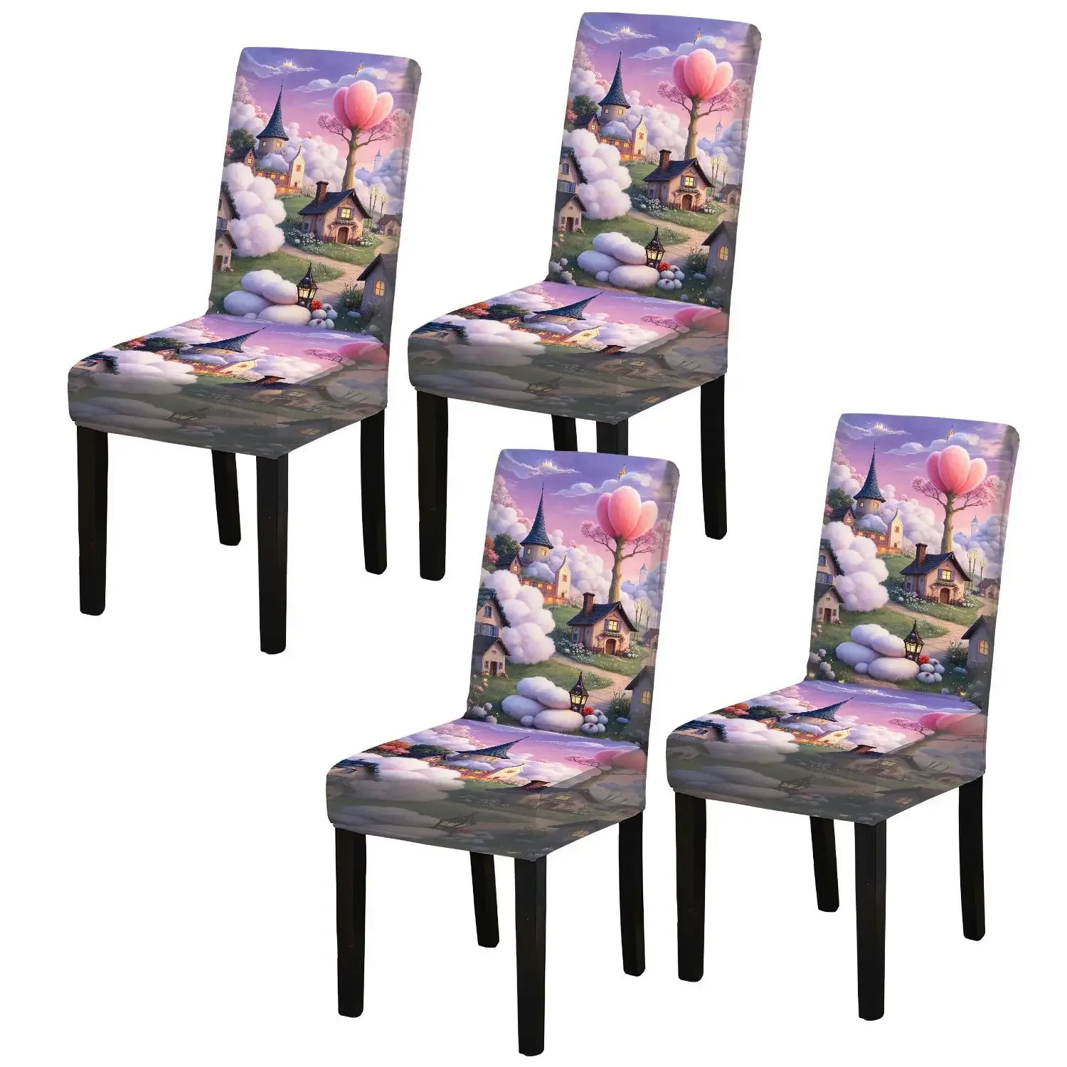 Elastic printed dining chair cover, fantasy fairy tale village pattern, removable and washable non-slip dining chair cover